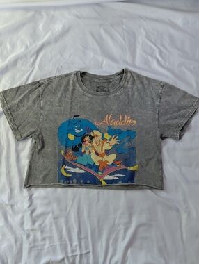 Disney's Aladdin A Whole New World Grey -acid Wash Cropped Tee Womens S